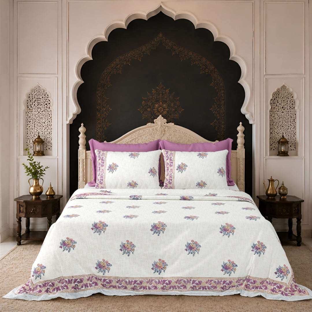 Purple & Multi-Color Floral Block Print Double Bed Cover Set in TNT Fabric (Textured Natural Touch) by Fabric Sales