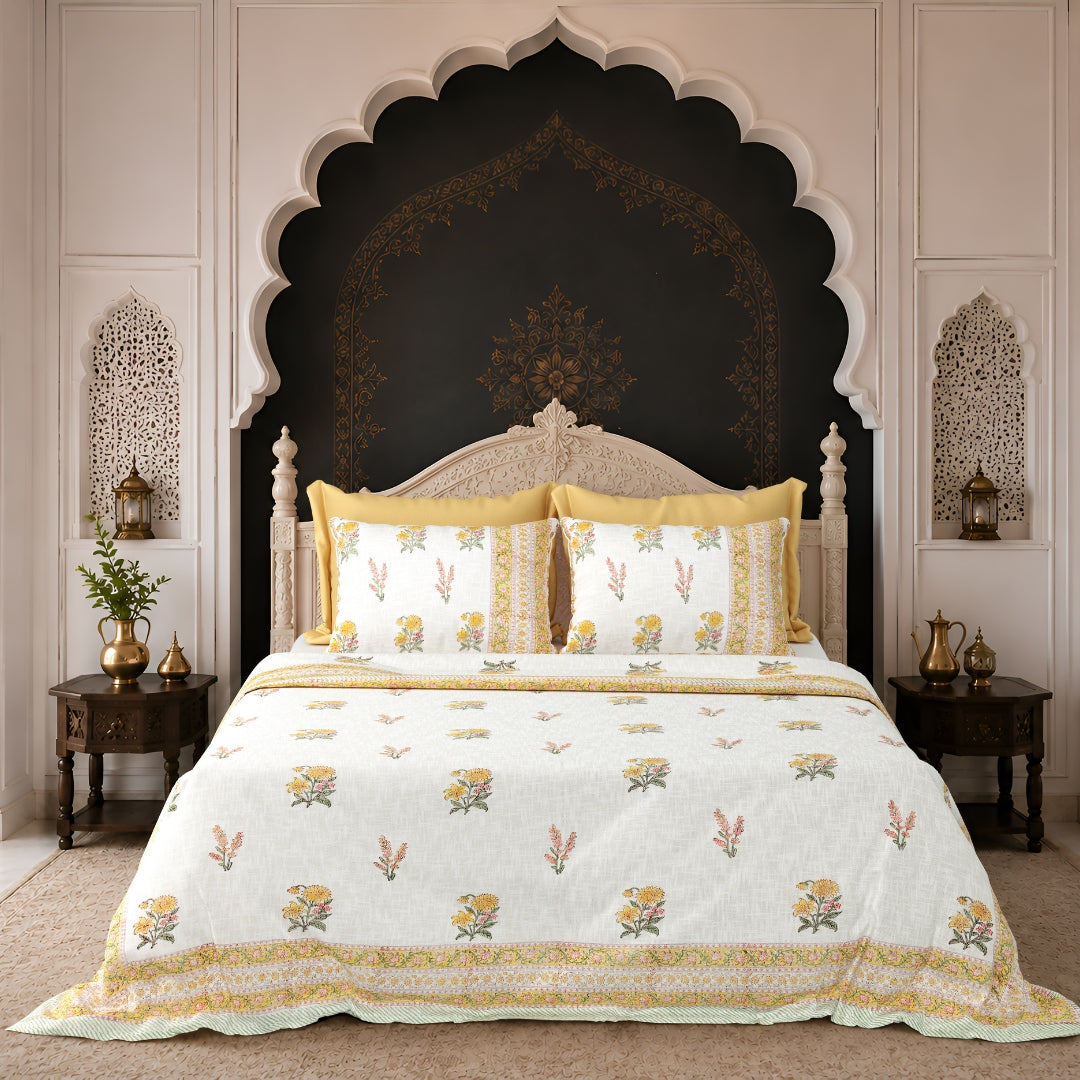 Yellow & Pink Floral Block Print Double Bed Cover Set in TNT Fabric (Textured Natural Touch) by Fabric Sales