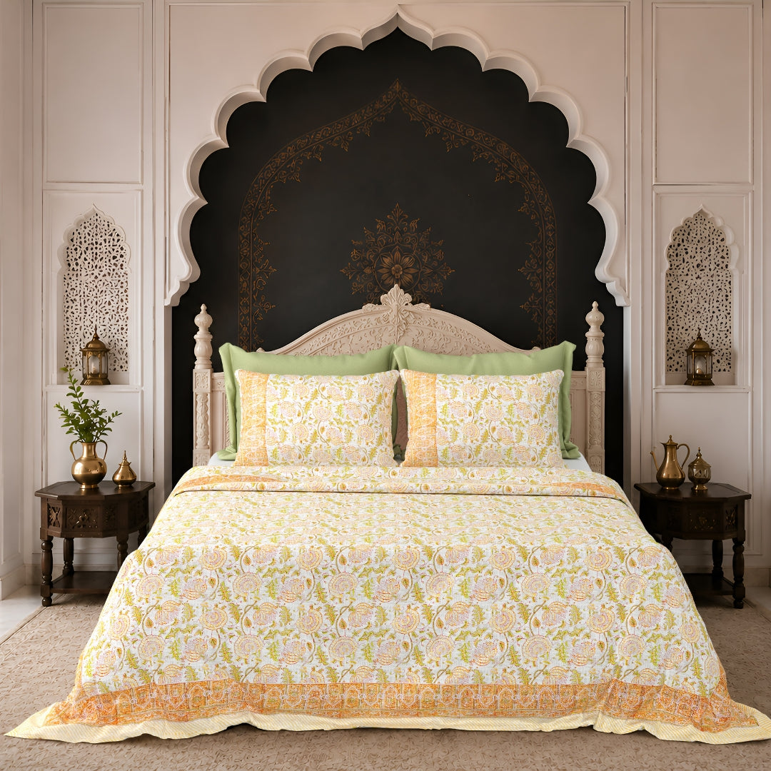 Yellow & Green Floral Jaipuri Block Print Double Bed Cover Set in TNT Fabric (Textured Natural Touch) by Fabric Sales