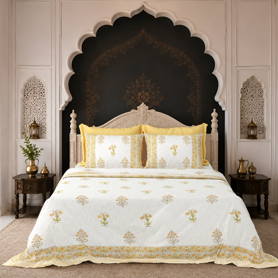Yellow Floral Block Print Double Bed Cover Set in TNT Fabric (Textured Natural Touch) by Fabric Sales
