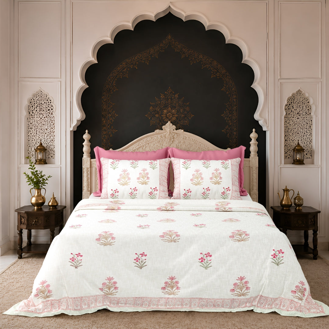 Pink Floral Hand-Block Print Double Bed Cover Set in TNT Fabric (Textured Natural Touch) by Fabric Sales