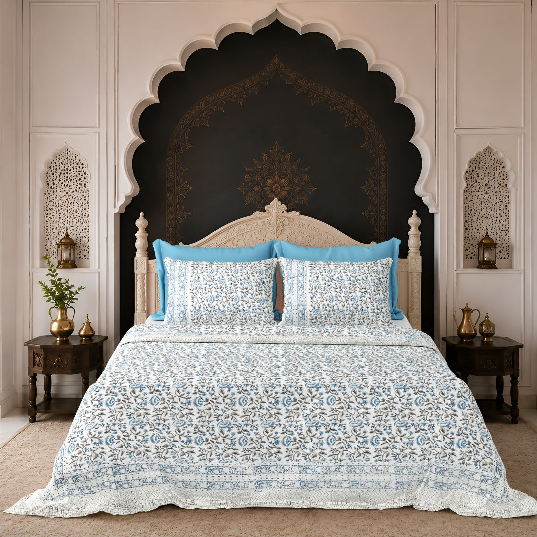 Blue & Charcoal Floral Vine Block Print Double Bed Cover Set in TNT Fabric (Textured Natural Touch) by Fabric Sales