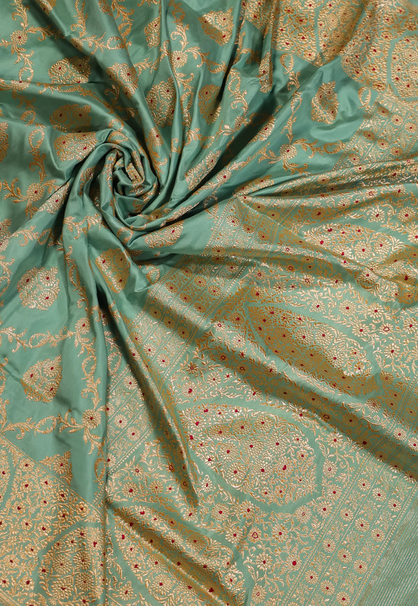 Sea Green Pure Exclusive Kadwa Katan Banarasi Saree with Blouse Piece - Adi Akshoy & Co. by Adi Akshoy & Co